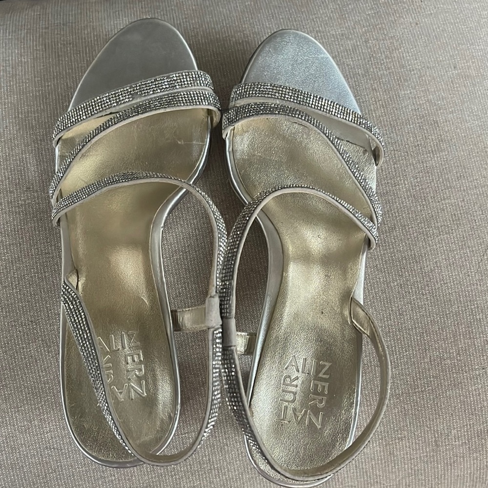 Silver sequined with block heel shoes